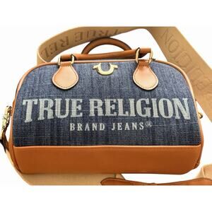 TRUE RELIGION Denim Logo Mini Satchel Crossbody Bag Blue Brown Handbag 9x6x3”